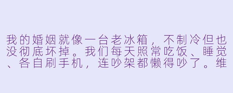 我的婚姻就像一台老冰箱,不制冷但也没彻底坏掉。我们每天照常吃饭、睡觉、各自刷手机,连吵架都懒得吵了。维修站真的能修好吗?-爱情维修站
